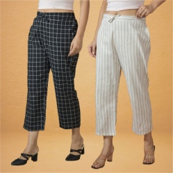 Combo of 2 Women Cream Black Cotton Regular Ankle Length Pant-10195