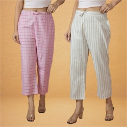 Combo of 2 Women Cream Pink Cotton Regular Ankle Length Pant-10216