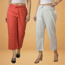 Combo of 2 Women Cream Red Cotton Regular Ankle Length Pant-10221