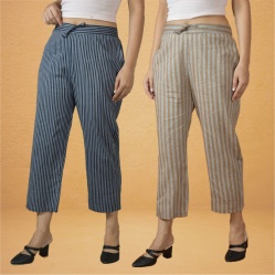 Combo of 2 Women Navy Blue Beige Cotton Regular Ankle Length Pant-10200
