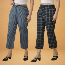 Combo of 2 Women Navy Blue Black Cotton Regular Ankle Length Pant-10192