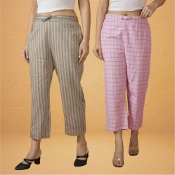 Combo of 2 Women Pink Beige Cotton Regular Ankle Length Pant-10201