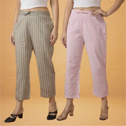 Combo of 2 Women Pink Beige Cotton Regular Ankle Length Pant-10205