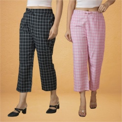 Combo of 2 Women Pink Black Cotton Regular Ankle Length Pant-10193