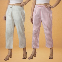 Combo of 2 Women Pink Cream Cotton Regular Ankle Length Pant-10227