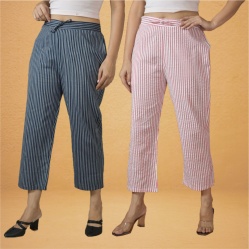 Combo of 2 Women Pink Navy Blue Cotton Regular Ankle Length Pant-10212