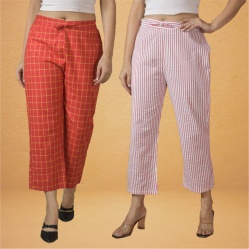 Combo of 2 Women Pink Red Cotton Regular Ankle Length Pant-10223