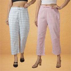 Combo of 2 Women Pink White Cotton Regular Ankle Length Pant-10230
