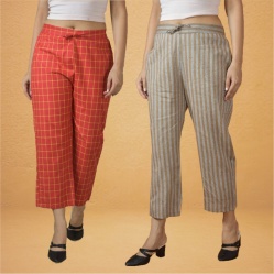Combo of 2 Women Red Beige Cotton Regular Ankle Length Pant-10202