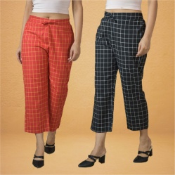 Combo of 2 Women Red Black Cotton Regular Ankle Length Pant-10194