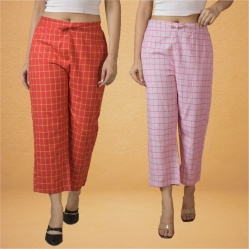 Combo of 2 Women Red Pink Cotton Regular Ankle Length Pant-10215