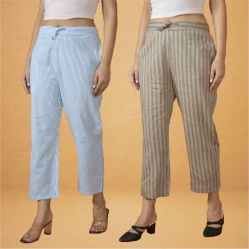 Combo of 2 Women Sky Blue Beige Cotton Regular Ankle Length Pant-10206