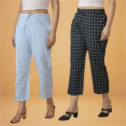 Combo of 2 Women Sky Blue Black Cotton Regular Ankle Length Pant-10198