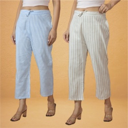 Combo of 2 Women Sky Blue Cream Cotton Regular Ankle Length Pant-10228