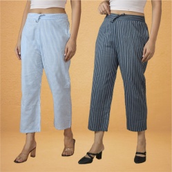 Combo of 2 Women Sky Blue Navy Blue Cotton Regular Ankle Length Pant-10213