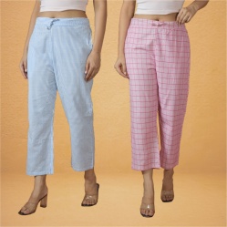 Combo of 2 Women Sky Blue Pink Cotton Regular Ankle Length Pant-10219