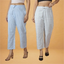 Combo of 2 Women Sky Blue White Cotton Regular Ankle Length Pant-10231
