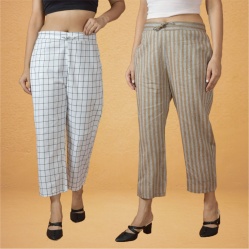 Combo of 2 Women White Beige Cotton Regular Ankle Length Pant-10204