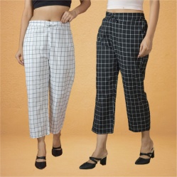 Combo of 2 Women White Black Cotton Regular Ankle Length Pant-10196