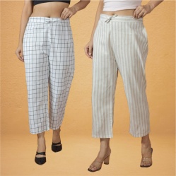 Combo of 2 Women White Cream Cotton Regular Ankle Length Pant-10226