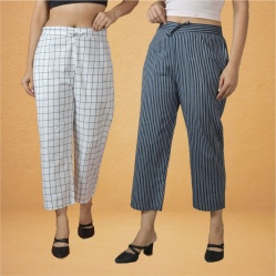Combo of 2 Women White Navy Blue Cotton Regular Ankle Length Pant-10211