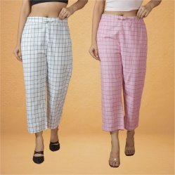 Combo of 2 Women White Pink Cotton Regular Ankle Length Pant-10217
