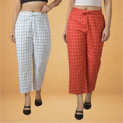 Combo of 2 Women White Red Cotton Regular Ankle Length Pant-10222