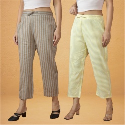Combo of 2 Women Yellow Beige Cotton Regular Ankle Length Pant-10207