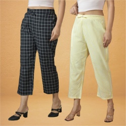 Combo of 2 Women Yellow Black Cotton Regular Ankle Length Pant-10199