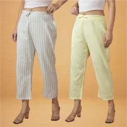 Combo of 2 Women Yellow Cream Cotton Regular Ankle Length Pant-10229