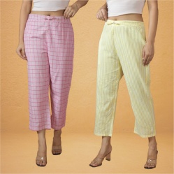 Combo of 2 Women Yellow Pink Cotton Regular Ankle Length Pant-10220
