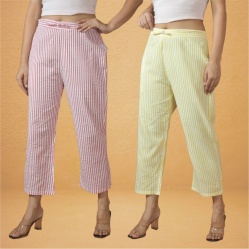 Combo of 2 Women Yellow Pink Cotton Regular Ankle Length Pant-10234