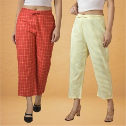 Combo of 2 Women Yellow Red Cotton Regular Ankle Length Pant-10225