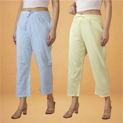 Combo of 2 Women Yellow Sky Blue Cotton Regular Ankle Length Pant-10235