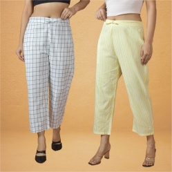 Combo of 2 Women Yellow White Cotton Regular Ankle Length Pant-10232