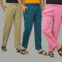 Combo of 3 Beige Blue and Pink Cotton Men Pants-46042