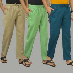 Combo of 3 Beige Parrot Green and Blue Cotton Men Pants-46040