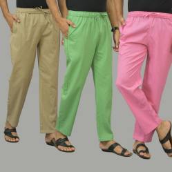 Combo of 3 Beige Parrot Green and Pink Cotton Men Pants-46041