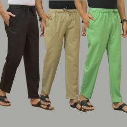 Combo of 3 Black Beige and Parrot Green Cotton Men Pants-45732