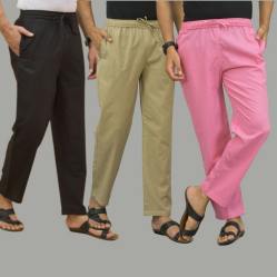 Combo of 3 Black Beige and Pink Cotton Men Pants-45734