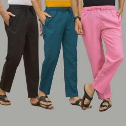 Combo of 3 Black Blue and Pink Cotton Men Pants-45737
