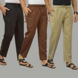 Combo of 3 Black Coffee Brown and Beige Cotton Men Pants-45724