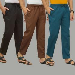 Combo of 3 Black Coffee Brown and Blue Cotton Men Pants-45726
