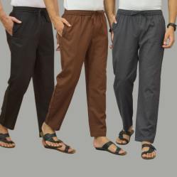 Combo of 3 Black Coffee Brown and Dark Gray Cotton Men Pants-45723