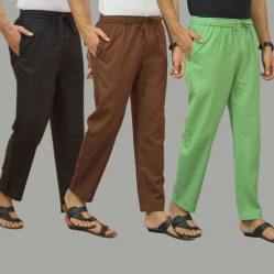 Combo of 3 Black Coffee Brown and Parrot Green Cotton Men Pants-45725