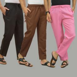 Combo of 3 Black Coffee Brown and Pink Cotton Men Pants-45727