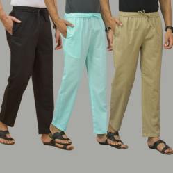 Combo of 3 Black Cyan and Beige Cotton Men Pants-45668