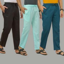 Combo of 3 Black Cyan and Blue Cotton Men Pants-45670