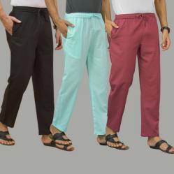 Combo of 3 Black Cyan and Dark Red Cotton Men Pants-45660