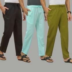 Combo of 3 Black Cyan and Mos Green Cotton Men Pants-45661